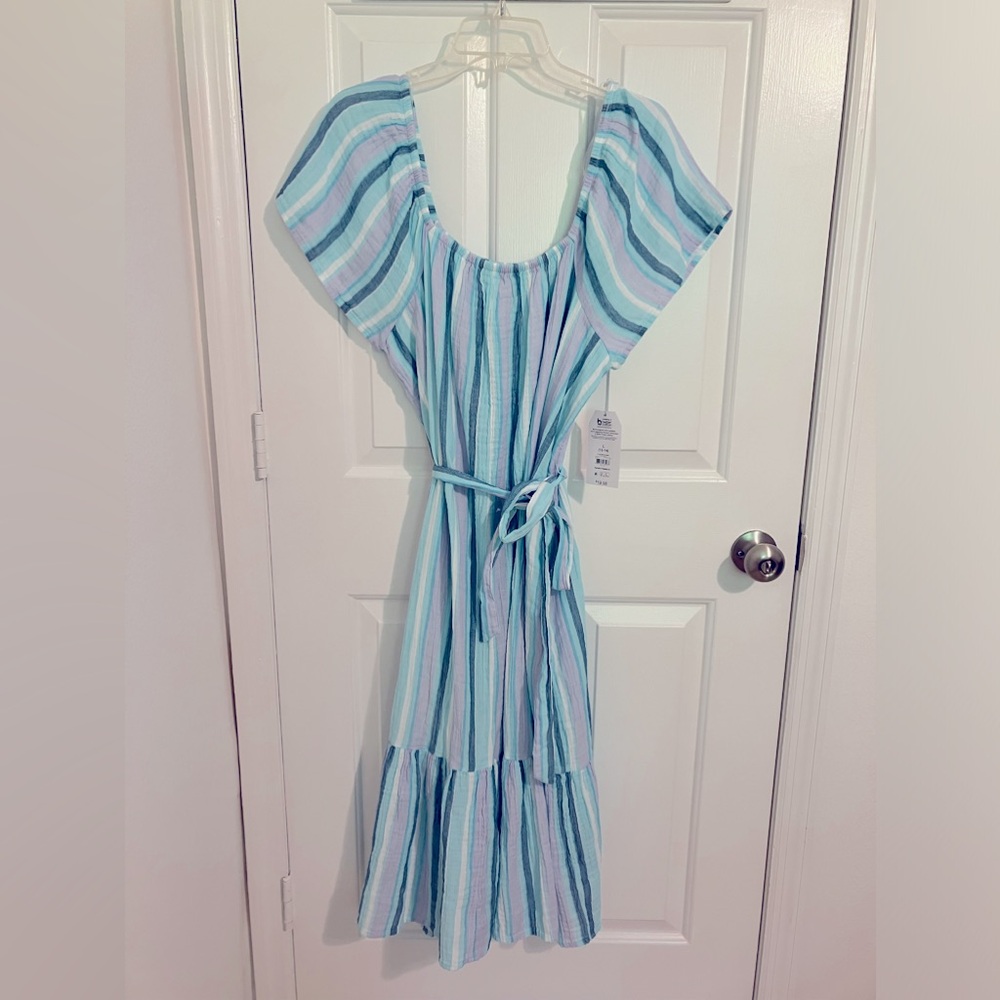 Women’s striped, short sleeve, midi dress.